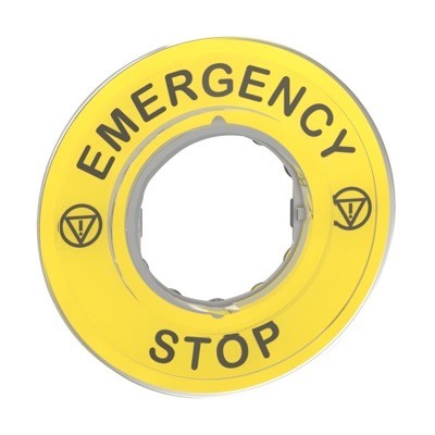 ZBY9320 Schneider Harmony Marked Legend 60mm for 22mm Units Black Text on Yellow Marked &#039;EMERGENCY STOP&#039;