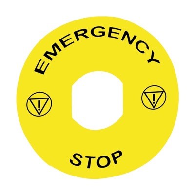 ZBY8330 Schneider Harmony Marked Legend 90mm for 22mm Units Black Text on Yellow Marked &#039;EMERGENCY STOP&#039;