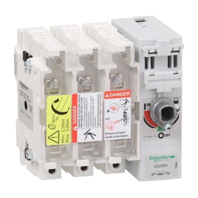 GS2DB3 Schneider TeSys GS 32A 3 Pole Fuse Switch for Base Mounting Switch mechanism on right hand side