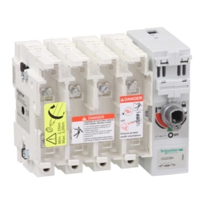 GS2DB4 Schneider TeSys GS 32A 4 Pole Fuse Switch for Base Mounting Switch mechanism on right hand side