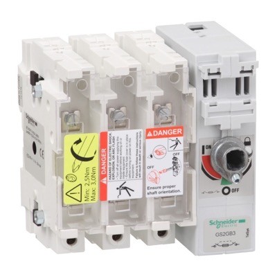 GS2GB3 Schneider TeSys GS 63A 3 Pole Fuse Switch for Base Mounting Switch mechanism on right hand side