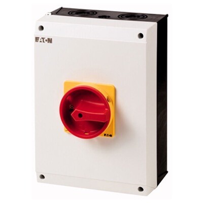 T5-1-102/I5/SVB Eaton T5 100A 50kW 2 Pole Enclosed Isolator IP65 Plastic Enclosure with Red/Yellow Handle 280H x 200W x 149mmD