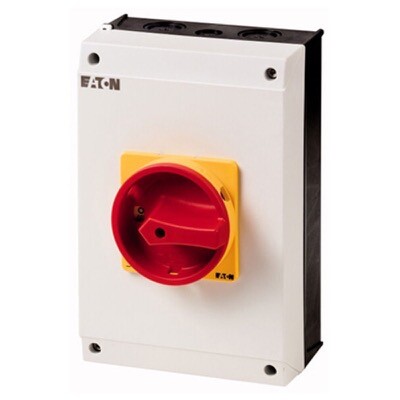T5B-1-102/I4/SVB Eaton T5B 63A 30kW 2 Pole Enclosed Isolator IP65 Plastic Enclosure with Red/Yellow Handle 240H x 160W x 139mmD