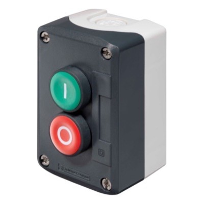 XALD213 Schneider Harmony XAL 2 Hole Enclosure with Green I&#039; &amp; Red &#039;O&#039; 1 x N/O &amp; 1 x N/C Contacts 