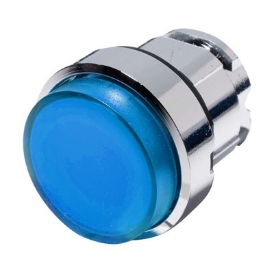 ZB4BW163 Schneider Harmony XB4 Blue Extended Illuminated Pushbutton Actuator for use with Integral LED 22.5mm Spring Return Chrome Bezel