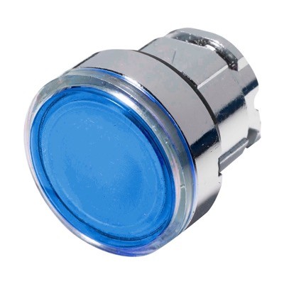 ZB4BW36 Schneider Harmony XB4 Blue Flush Illuminated Pushbutton Actuator for use with BA9s lamp 22.5mm Spring Return Chrome Bezel