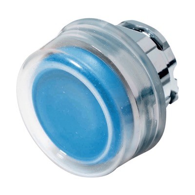 ZB4BW563 Schneider Harmony XB4 Blue Flush Illuminated Pushbutton Actuator with Clear Boot for use with Integral LED Spring Return