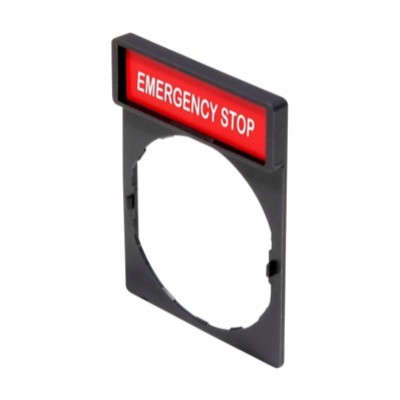 ZBY2330 Schneider Harmony Legend Holder for 22mm Units White Text on Red Marked &#039;EMERGENCY STOP&#039;