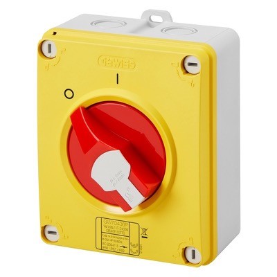 GW70443P Gewiss 70 RT HP 40A 4 Pole Enclosed  Isolator IP66/67/69 Plastic Enclosure with Red/Yellow Handle 150H x 125W x 92mmD