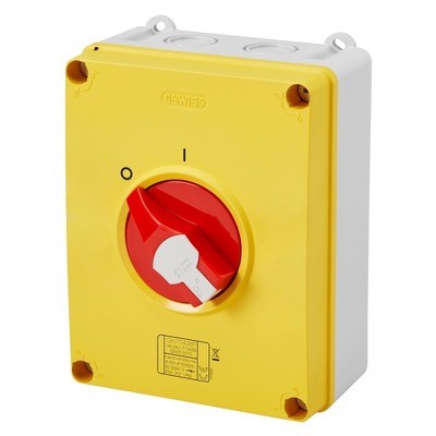 GW70437P Gewiss 70 RT HP 63A 3 Pole Enclosed Isolator IP66/67/69 Plastic Enclosure with Red/Yellow Handle 200H x 156W x 112mmD