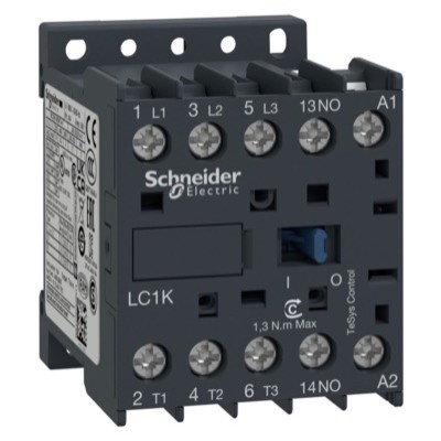 LP1K0601BD Schneider TeSys K Contactor 3 Pole 6A AC3 2.2kW 1 x N/C Auxiliary 24V DC Coil
