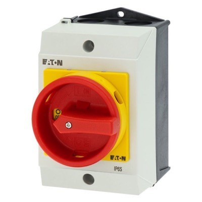 T0-3-8342/I1/SVB Eaton T0 20A 6 Pole Enclosed Isolator IP65 Plastic Enclosure with Red/Yellow Handle 137mmH x 80mmW x 110mmD