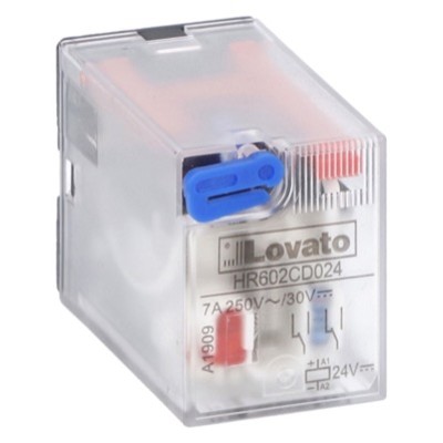 HR602CD012 Lovato HR60 2 Pole 7A Relay 12VDC Coil 2 Change-Over Contacts Lockable Test Button and LED Indication