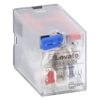 HR604CD024 Lovato HR60 4 Pole 5A Relay 24VDC Coil 4 Change-Over Contacts Lockable Test Button and LED Indication