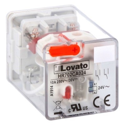 HR702CA230 Lovato HR70 2 Pole 10A Relay 230VAC Coil 2 Change-Over Contact Lockable Test Button and LED Indication