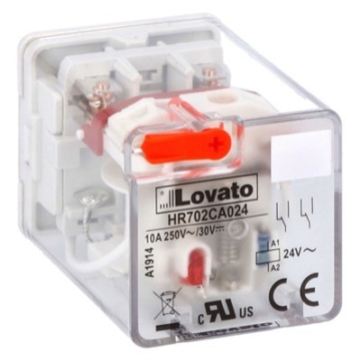 HR702CA024 Lovato Electric HR70 2 Pole 10A Relay 24VAC Coil 2 Change-Over Contact Lockable Test Button and LED Indication