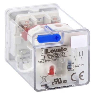 HR702CD024 Lovato HR70 2 Pole 10A Relay 24VDC Coil 2 Change-Over Contact Lockable Test Button and LED Indication
