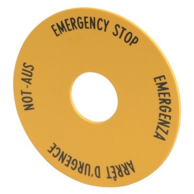 M22-XAK1 Eaton RMQ-Titan Round Emergency Stop Label Yellow 90mm Diameter with Text in 4 Languages