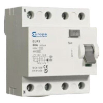 EUR140.30/4A Europa EUR1 4 Pole RCCB 10kA 40A 30mA Type A