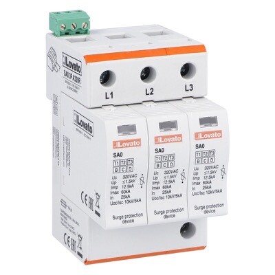SA03PA320R Lovato SPD Type 1 &amp; 2 with Plug-in Cartridge IEC Impulse Current Iimp (10/350us) 12.5kA Per Pole 3P with Remote Contact
