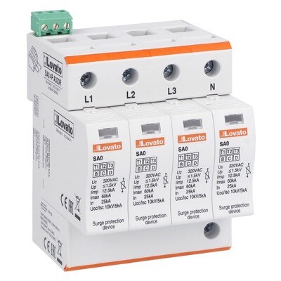 SA04PA320R Lovato SPD Type 1 &amp; 2 with Plug-in Cartridge IEC Impulse Current Iimp (10/350us) 12.5kA Per Pole 4P with Remote Contact
