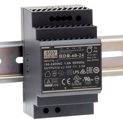 HDR-60-24 MEAN WELL HDR-60 AC-DC Ultra Slim DIN Rail Power Supply Input Range 85-264VAC Output 24VDC at 2.5A