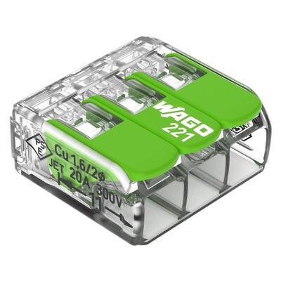 221-423 WAGO Green Range 3 Conductor Splicing Connector with Lever Lock Suitable for Cable up to 4mm2 32A Pack of 50