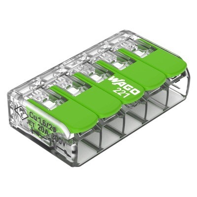221-425 WAGO Green Range 5 Conductor Splicing Connector with Lever Lock 5Suitable for Cable up to 4mm2 32A Pack of 25