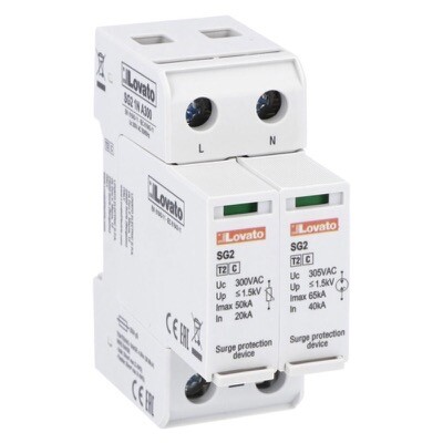 SG21NA300 Lovato SPD Type 2 with Plug-in Cartridge Rated Discharge Current In (8/20us) 20kA Per Pole 1P+N