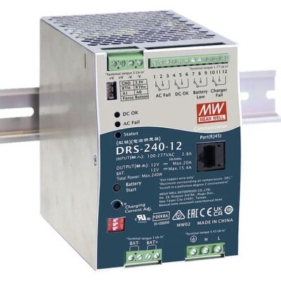 DRS-240-24 MEAN WELL DRS-240 DIN Rail Power Supply 240W Input Range 90-305VAC Output 24VDC at 7.7A
