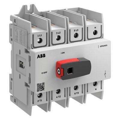 1SCA162513R1001 ABB OT100G3-4BSN2 OT Plus Switch-disconnector 100A Frame Size G3 4 Pole Base &amp; DIN-rail Mounting Front Operated