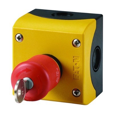 M22-PVS/KC11/IY Eaton RMQ-Titan Enclosed 38mm Red Emergency Stop Button with 1 x N/C &amp; 1 x N/O Contacts Key to Release