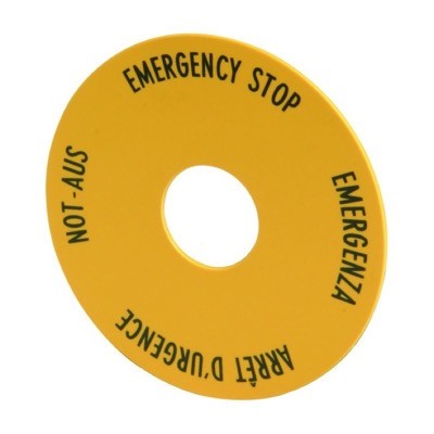 M22-XBK1 Eaton RMQ-Titan Round Emergency Stop Label Yellow 60mm Diameter with Text in 4 Languages