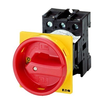P1-25/V/SVB Eaton P1 25A 3 Pole Isolator for Base Mounting Supplied complete with a 25mm plastic Shaft &amp; IP65 Red/Yellow Handle