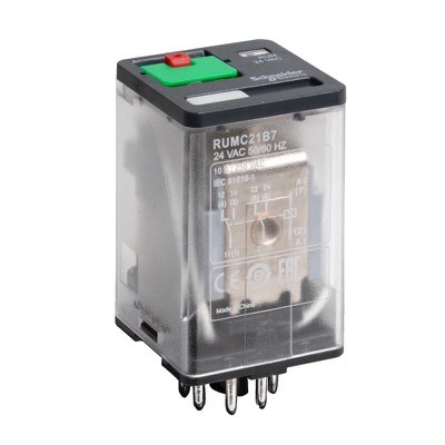 RUMC22B7 Schneider Zelio RUMC22 2 Pole 10A Relay 24VAC Coil 2 Change-Over Contacts Lockable Test Button and LED Indication