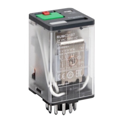 RUMC32B7 Schneider Zelio RUMC32 3 Pole 10A Relay 24VAC Coil 3 Change-Over Contacts Lockable Test Button and LED Indication