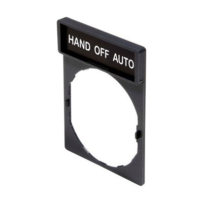ZBY2387 Schneider Harmony Legend Holder for 22mm Units White Text on Black Marked &#039;HAND-OFF-AUTO&#039;