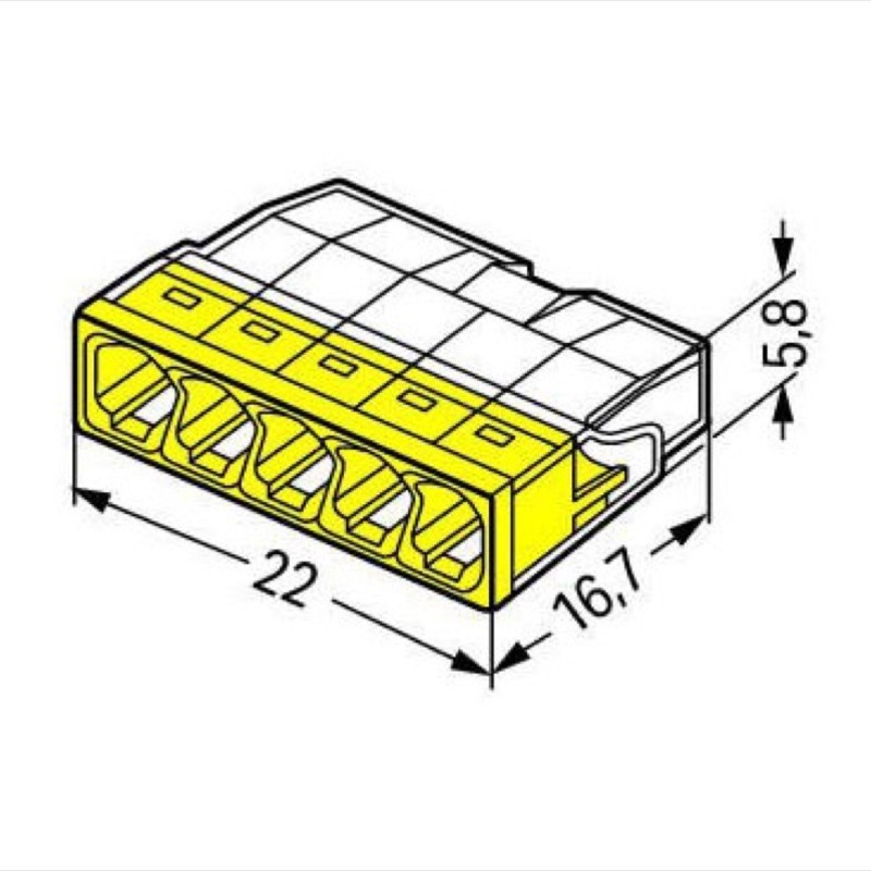 2273-205 WAGO 2273 Series 5 Conductor Push Wire Connector for cable up to 2.5mm2 24A Yellow/Clear 100x Pieces