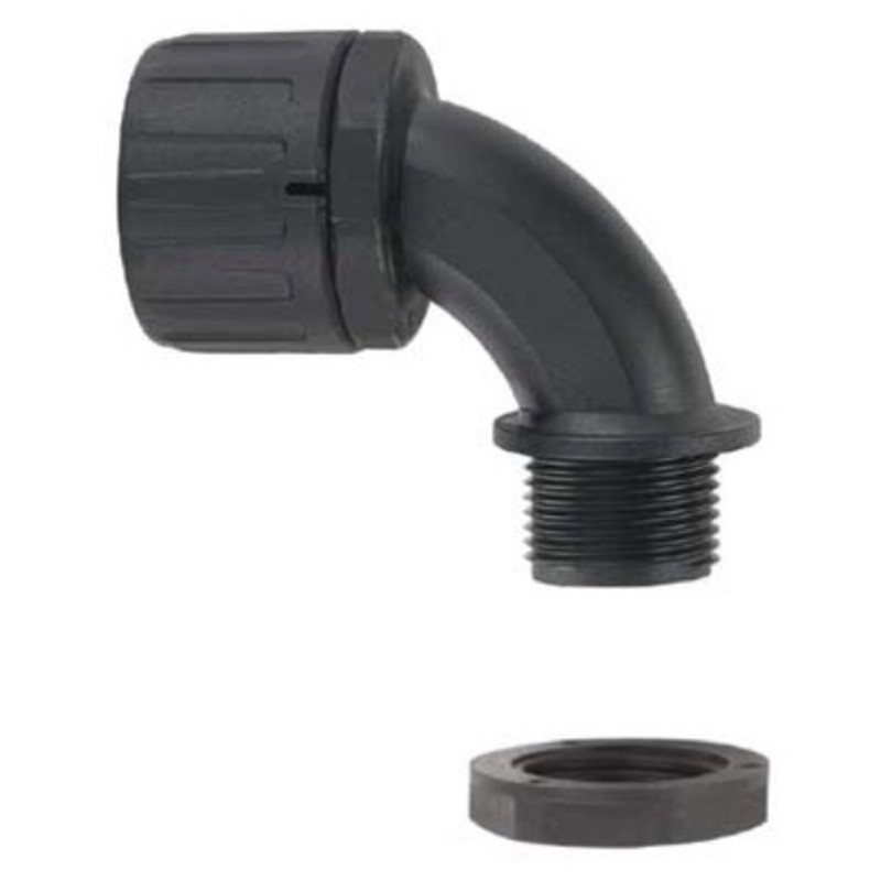 FPA16-M20-90B Flexicon FPA-90 Black 90 Degree Fitting for FPAS16 Conduit with 20mm Male Thread. Includes Locknut