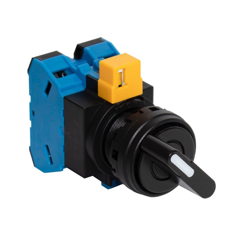 HW1S-33T20 IDEC HW 3 Position Selector switch with 2 x Normally Open Contact Blocks I-O-II Spring Return Left and Right to Centre