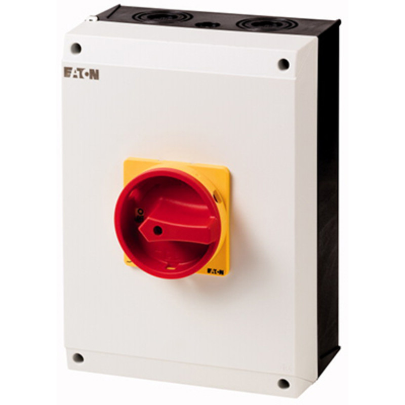 T5-3-8342/I5/SVB Eaton T5 100A 50kW 6 Pole Enclosed Isolator IP65 Plastic Enclosure with Red/Yellow Handle 280H x 200W x 149mmD