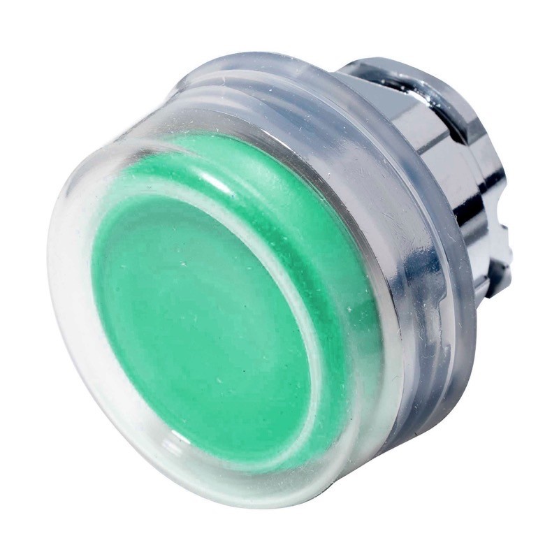 ZB4BP3 Schneider Harmony XB4 Green Extended Pushbutton Actuator with Clear Boot 22.5mm Spring Return Chrome Bezel