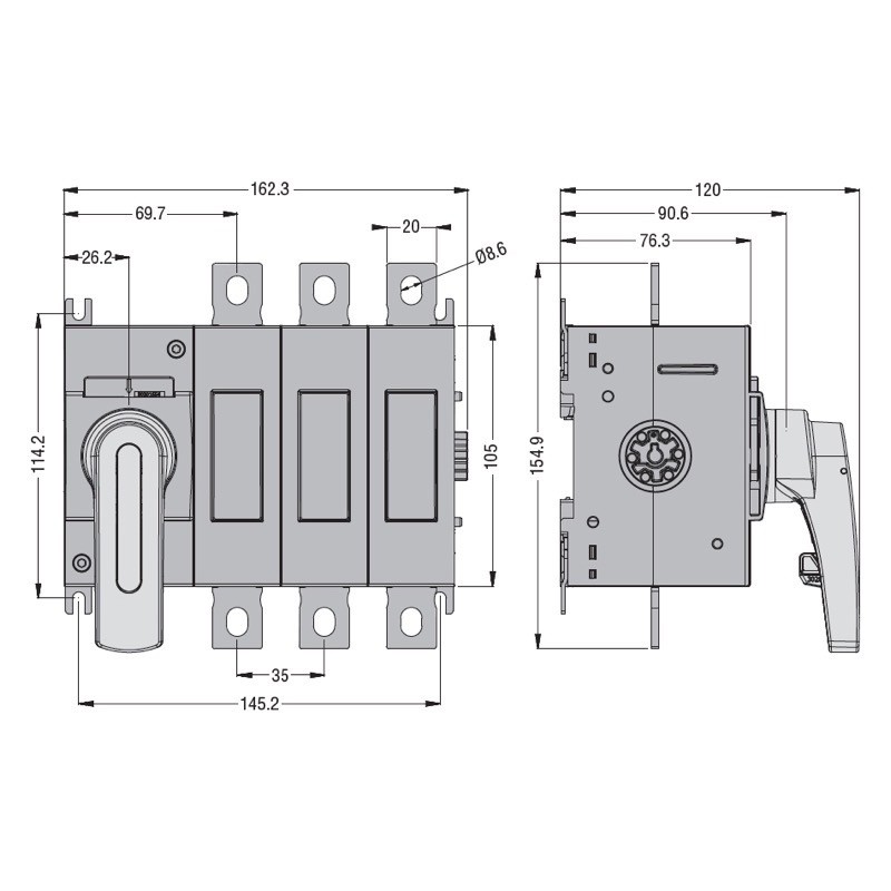 GL0200C1 Lovato Electric GL 200A 3 Pole Switch Disconnector for Base Mounting Handle on Left Hand Side