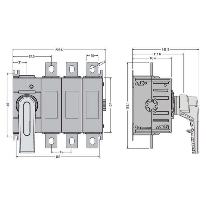 GL0500C1 Lovato Electric GL 500A 3 Pole Switch Disconnector for Base Mounting Handle on Left Hand Side