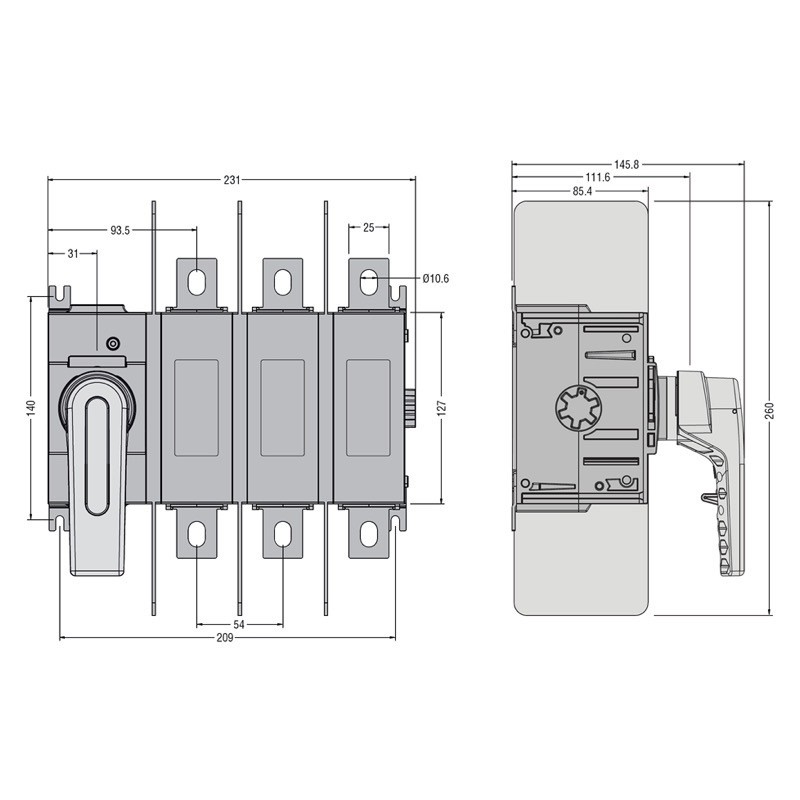 GL0630C1 Lovato Electric GL 630A 3 Pole Switch Disconnector for Base Mounting Handle on Left Hand Side