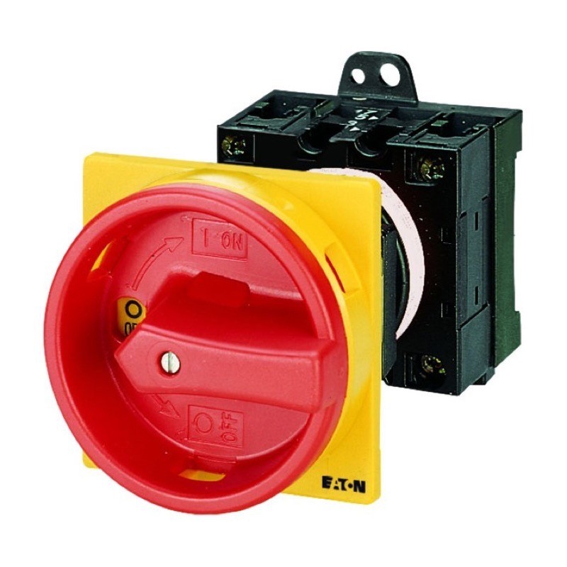 T0-2-1/V/SVB Eaton T0 20A 3 Pole Isolator for Base Mounting Supplied complete with a 25mm plastic Shaft &amp; IP65 Red/Yellow Handle