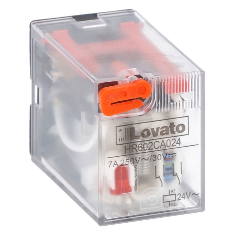 HR602CA024 Lovato Electric HR60 2 Pole 7A Relay 24VAC Coil 2 Change-Over Contacts Lockable Test Button and LED Indication