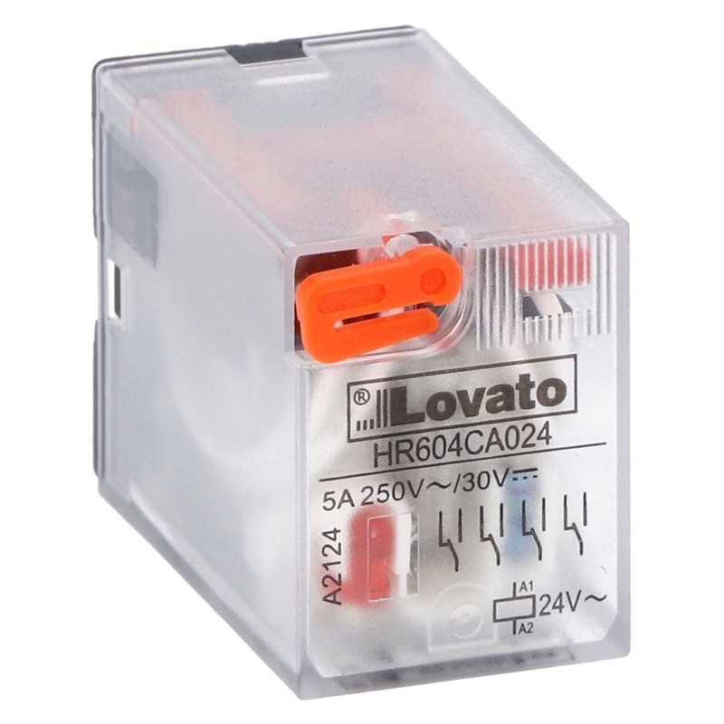 HR604CA012 Lovato Electric HR60 4 Pole 5A Relay 12VAC Coil 4 Change-Over Contacts Lockable Test Button and LED Indication