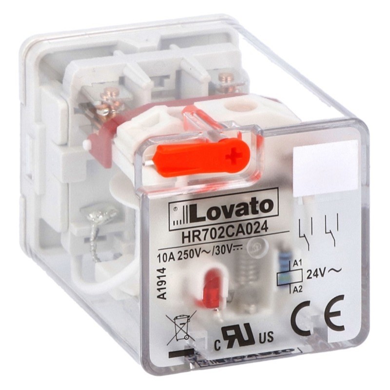 HR702CA110 Lovato Electric HR70 2 Pole 10A Relay 110VAC Coil 2 Change-Over Contact Lockable Test Button and LED Indication