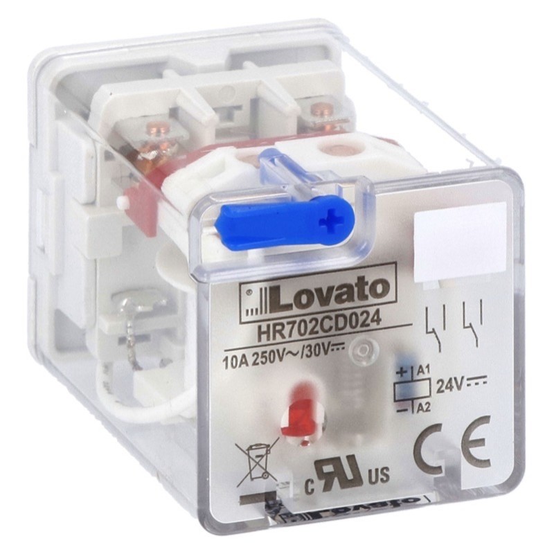 HR702CD024 Lovato HR70 2 Pole 10A Relay 24VDC Coil 2 Change-Over Contact Lockable Test Button and LED Indication